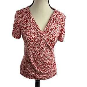 Talbots Womens Top S Petite Red White Print Faux Wrap Short Sleeve Stretch